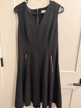 Calvin Klein Black Sleeveless V-Neck Midi Dress with Gold Zippers